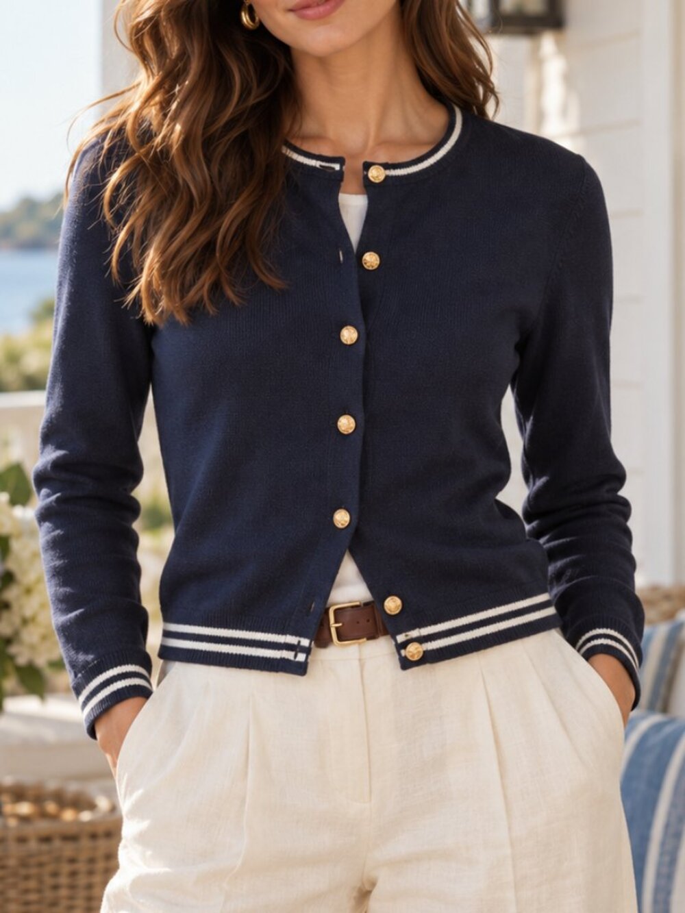 Lauren Ralph Lauren Navy Silk Blend Cardigan Gold Crest Buttons Preppy M